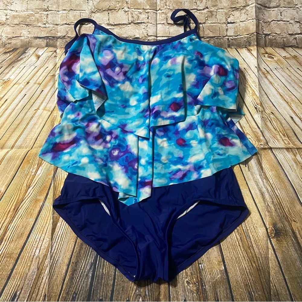 Maxine Of Hollywood Blue Purple Tie Dye Flounce One Piece Swimsuit